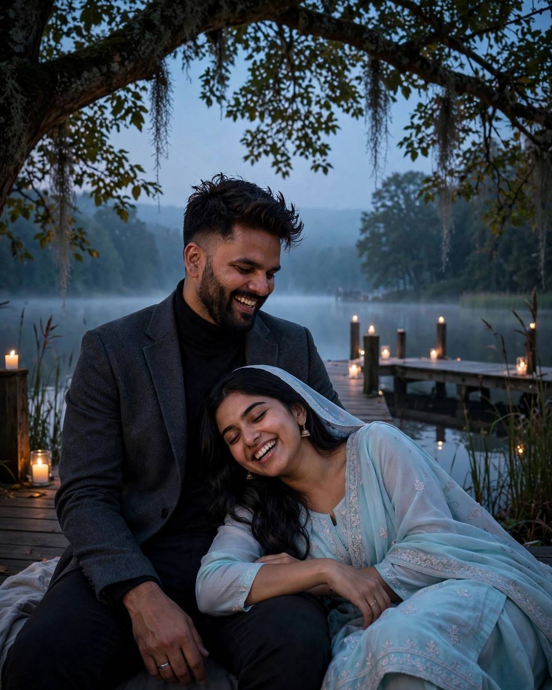 Couple laughing softly at a candlelit lake pier at dawn — woman's head in man's lap, man in charcoal blazer, woman in pastel salwar