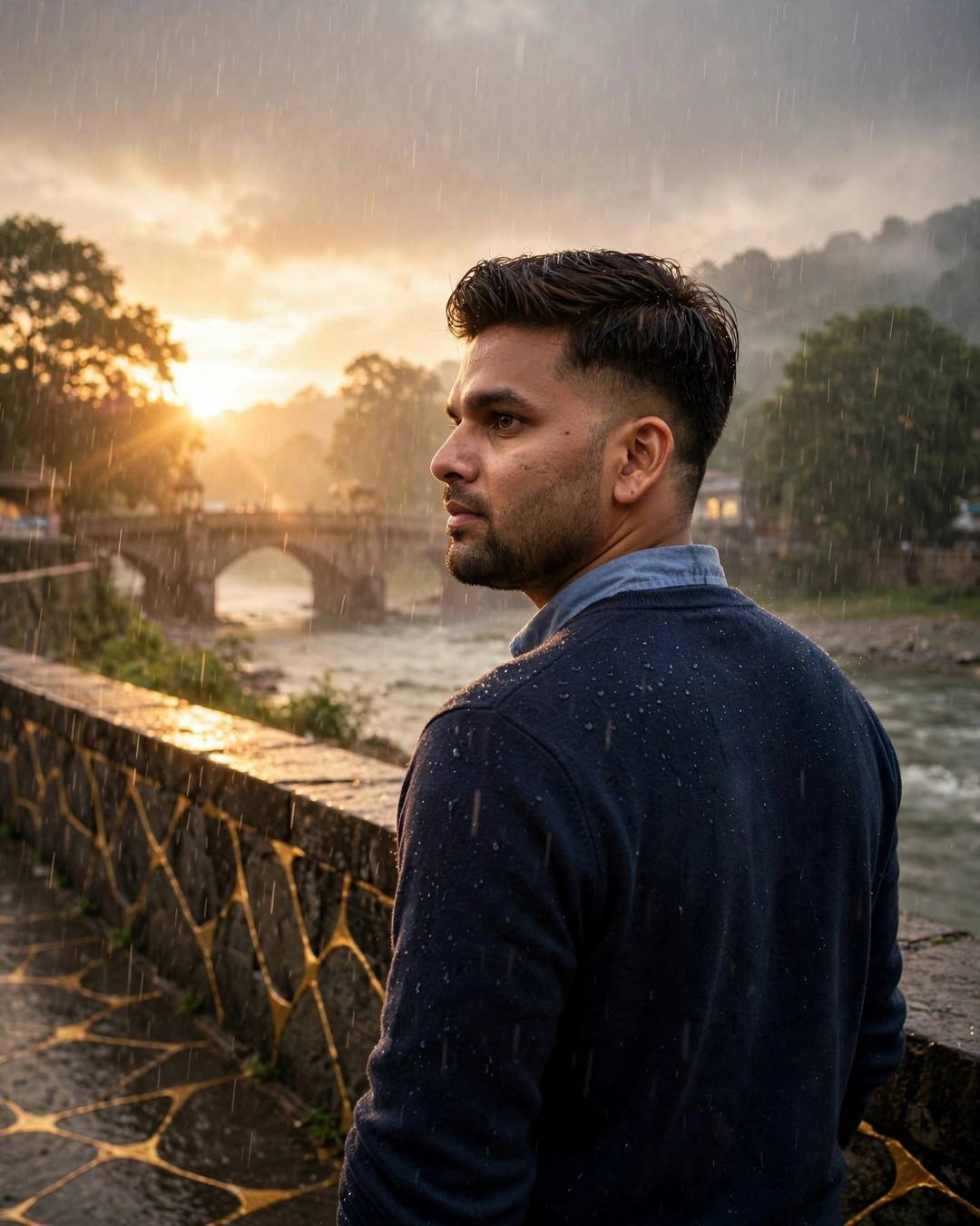 Man in navy sweater on a rain-wet bridge at sunset, back to camera, looking over shoulder, gold veins in the cracked stone railing