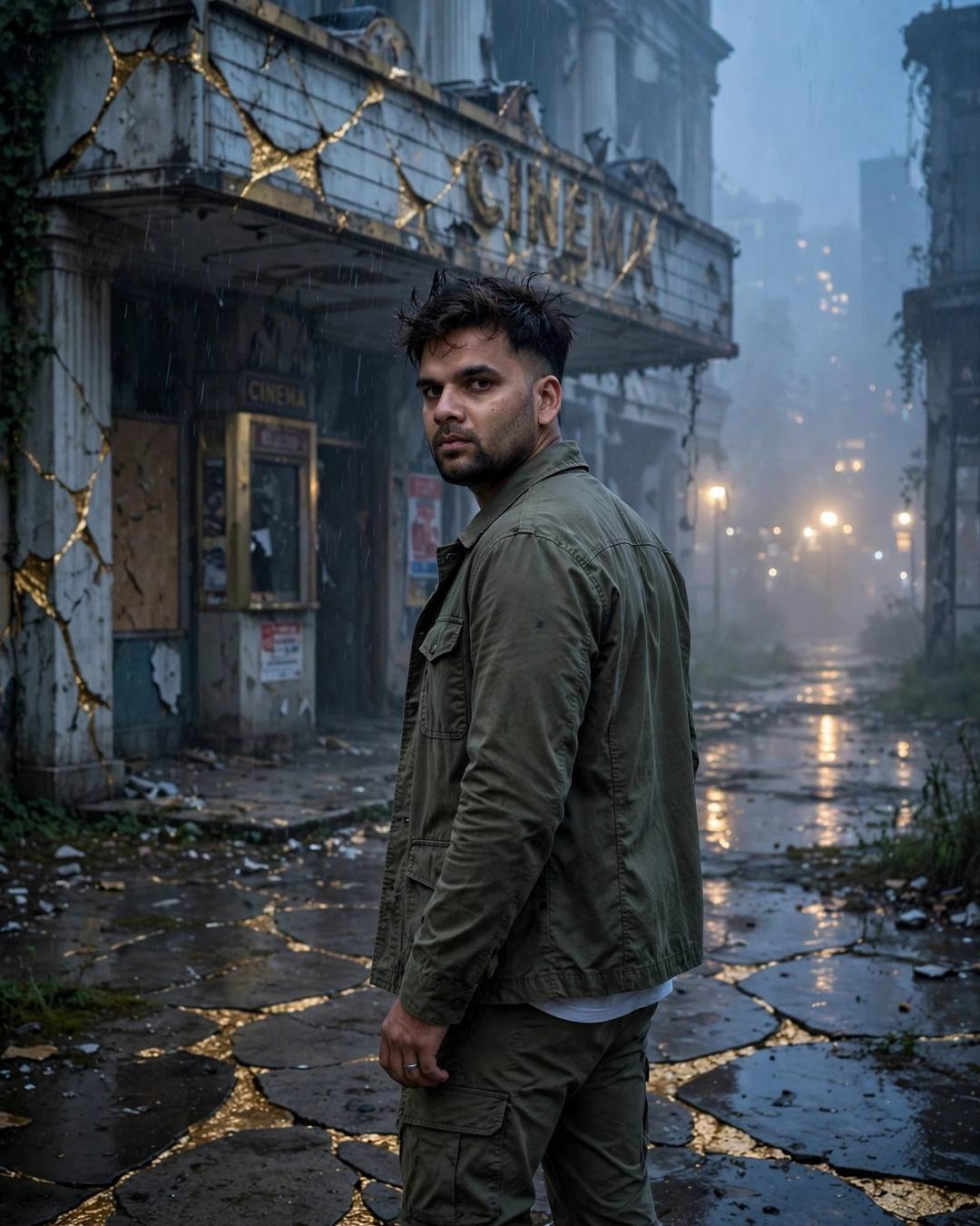 Man in olive field jacket walking past an abandoned cinema hall in rain and fog, gold veins in the cracked pavement, looking back