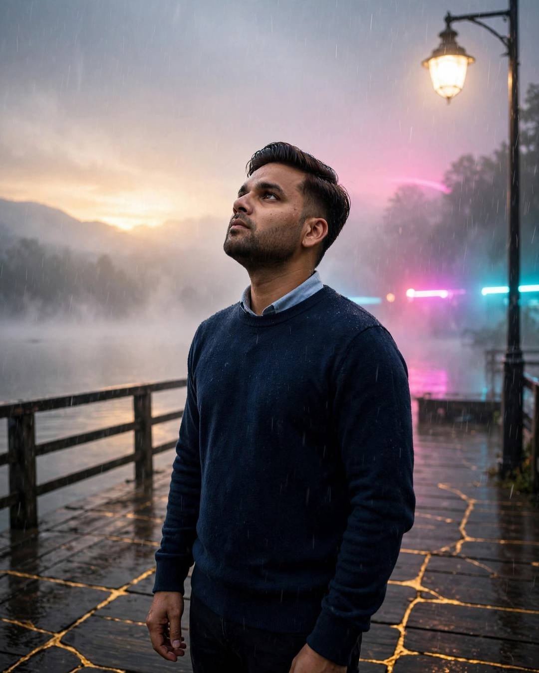 Man in navy sweater standing under a streetlamp in rain at a lake pier at dawn, neon pink and cyan light spilling through fog, gold-veined pavement