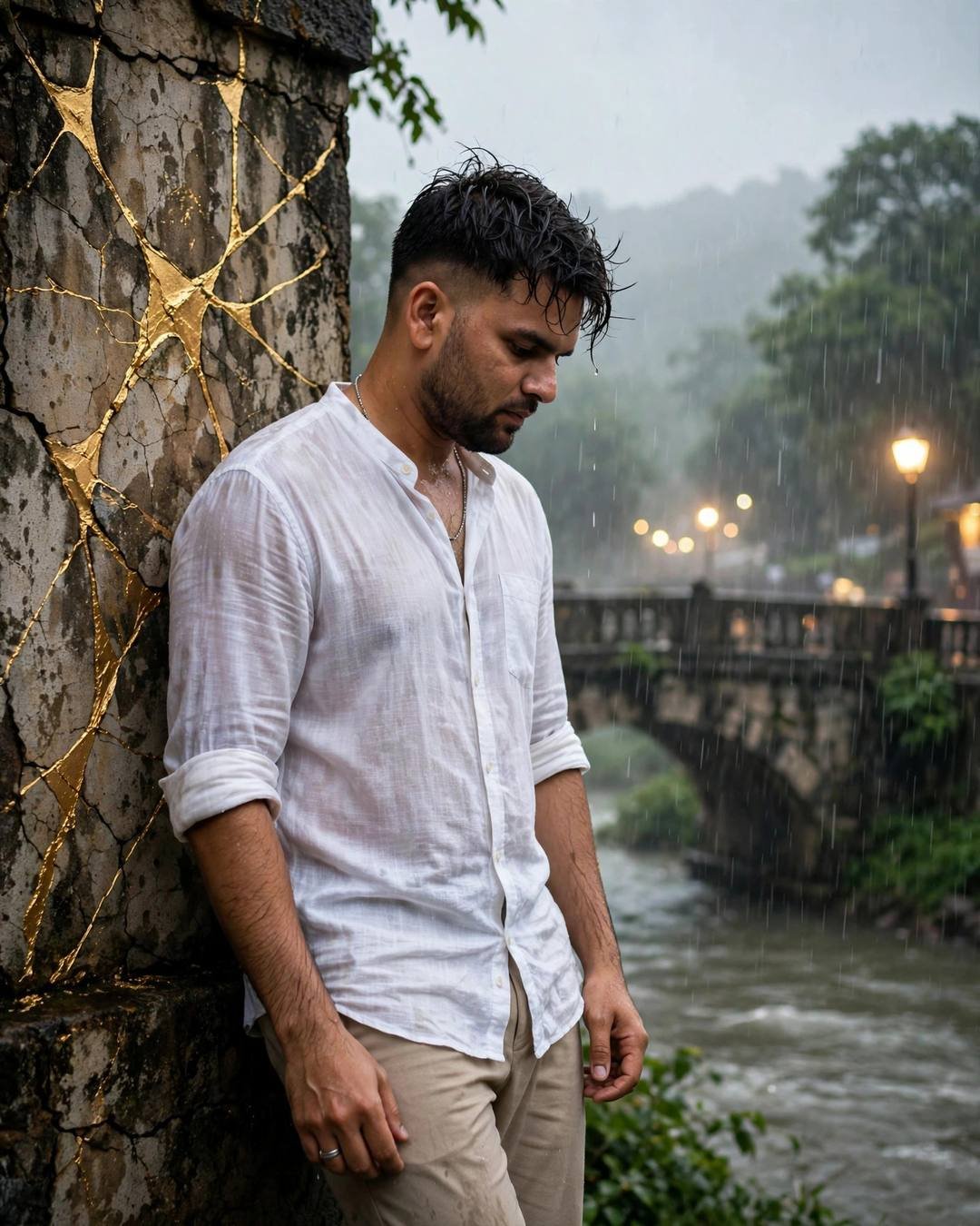 Man in white linen shirt leaning against a gold-veined weathered wall by a rain-swollen river, head bowed, bridge lamps glowing