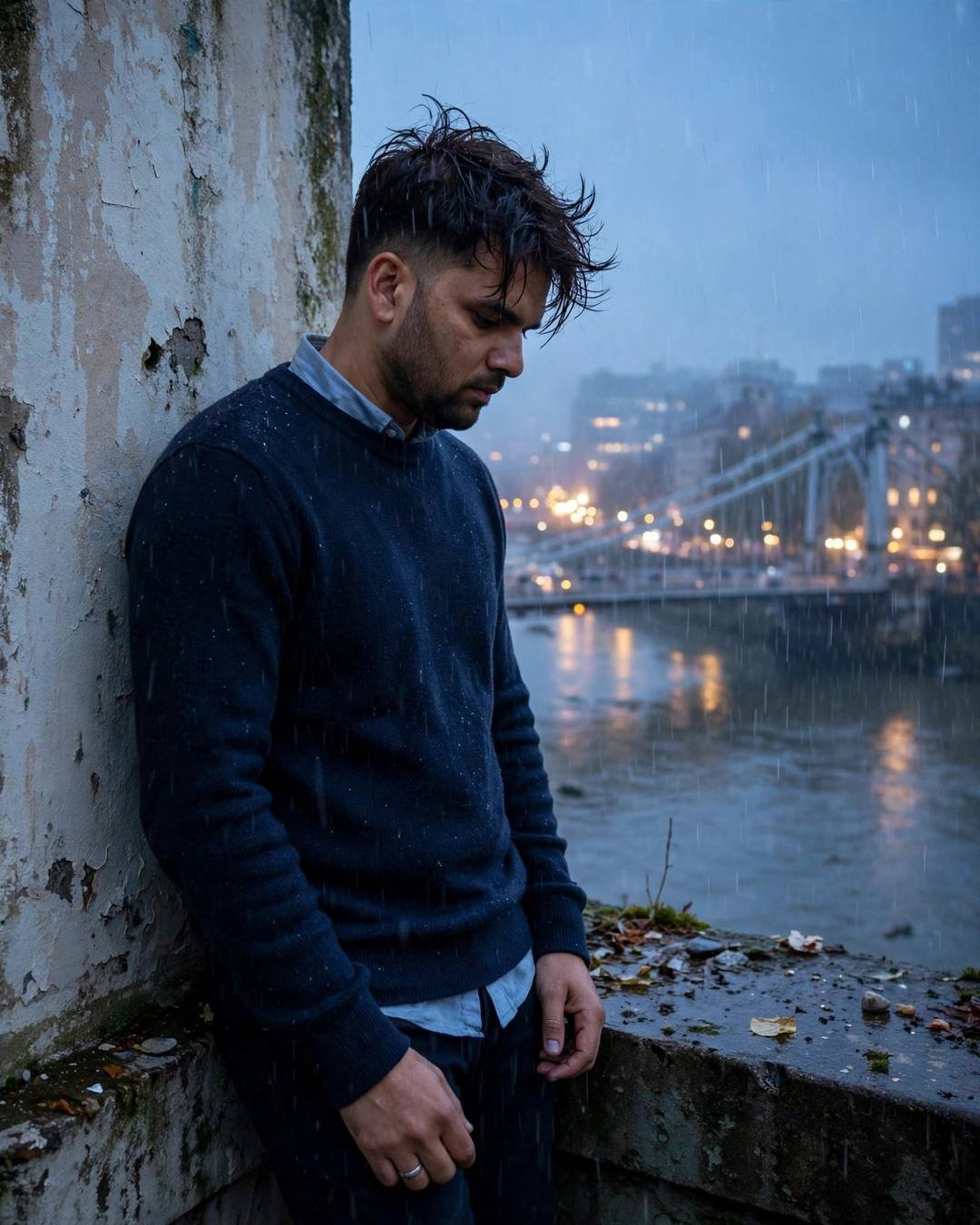 Young Indian man in navy sweater leaning against a weathered wall by a rainy river bridge, head bowed