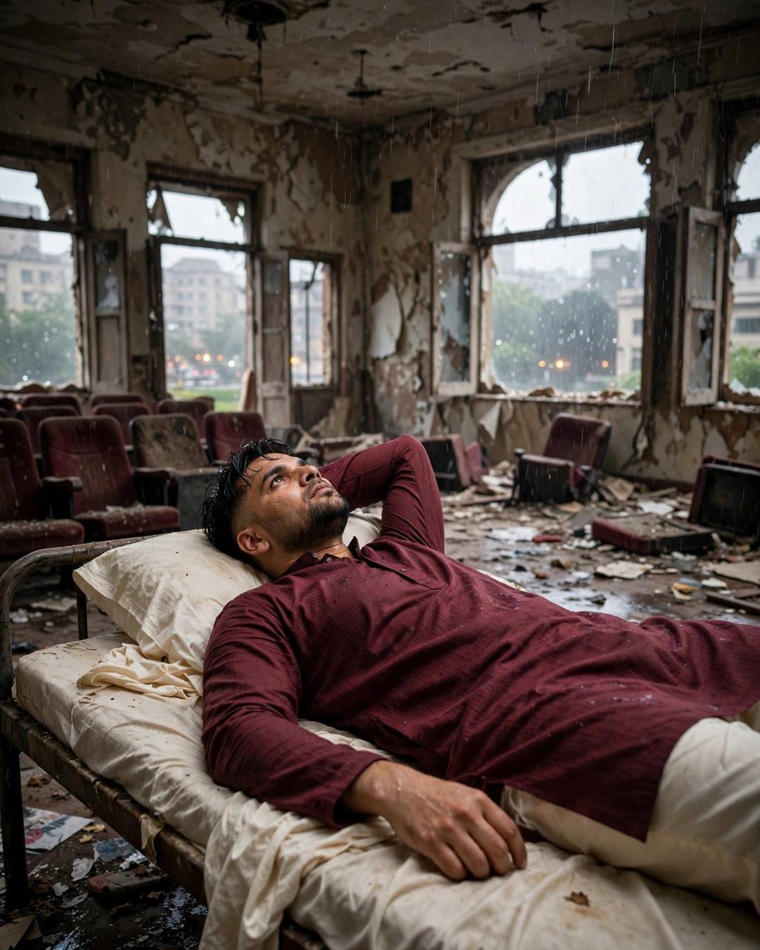 Young Indian man in maroon kurta lying on a bed in an abandoned cinema hall, staring at the ceiling