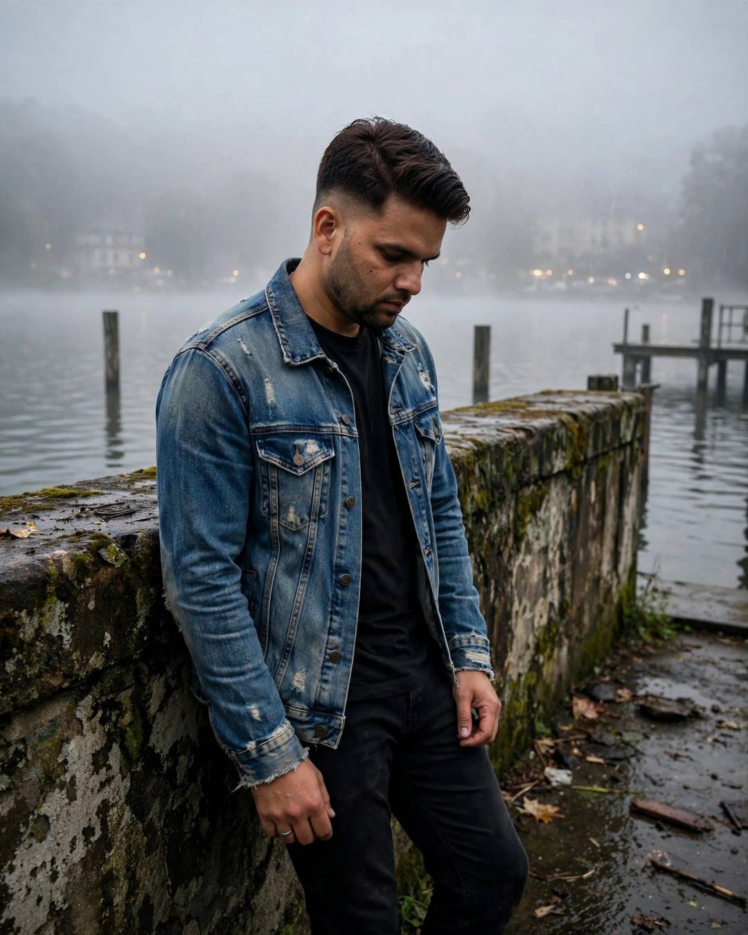 Young Indian man in denim jacket leaning against a mossy pier wall in dense fog at dawn, head bowed