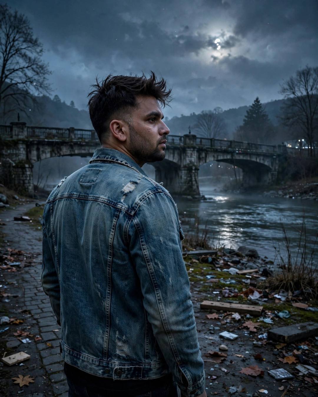 Young Indian man in denim jacket turning over his shoulder by a moonlit stone bridge over a river