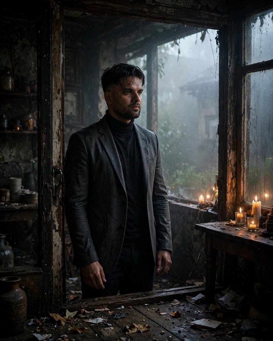 Young Indian man in charcoal blazer standing in a candlelit dead cafe doorway at dawn, fog outside
