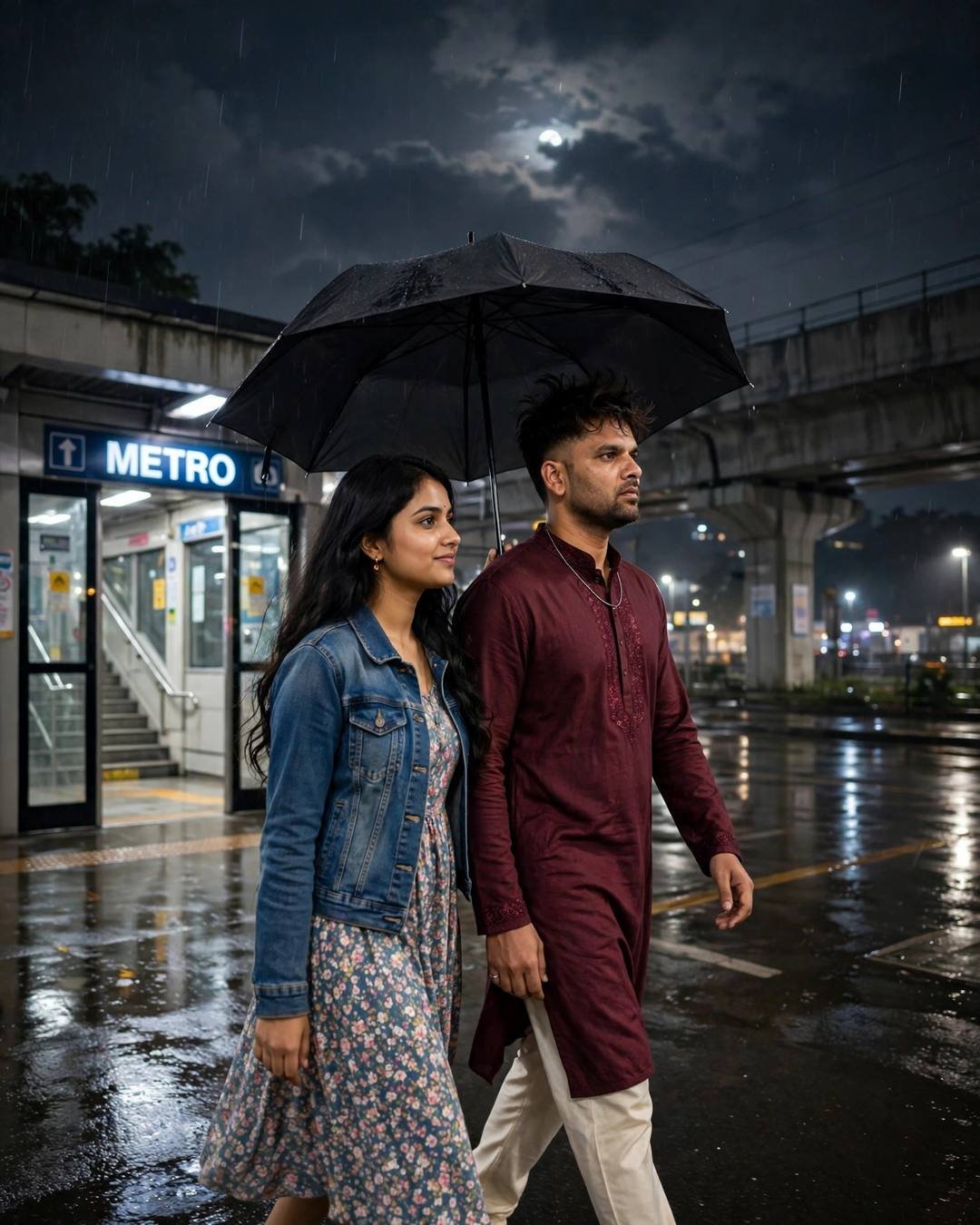 Photorealistic cinematic AI portrait of a young couple sharing an umbrella at a rainy metro station at night