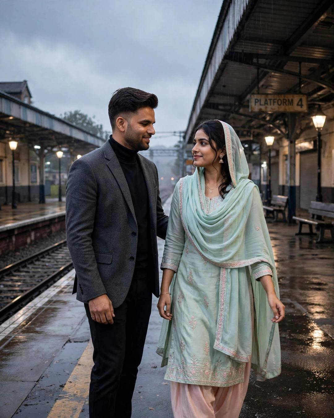 Photorealistic cinematic AI portrait of a young couple walking on a rainy old railway platform