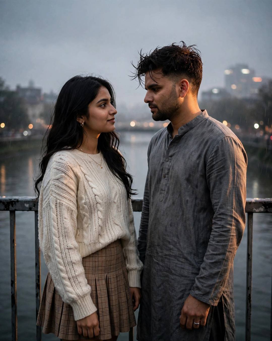 Couple face to face on a bridge at dusk under dramatic side light