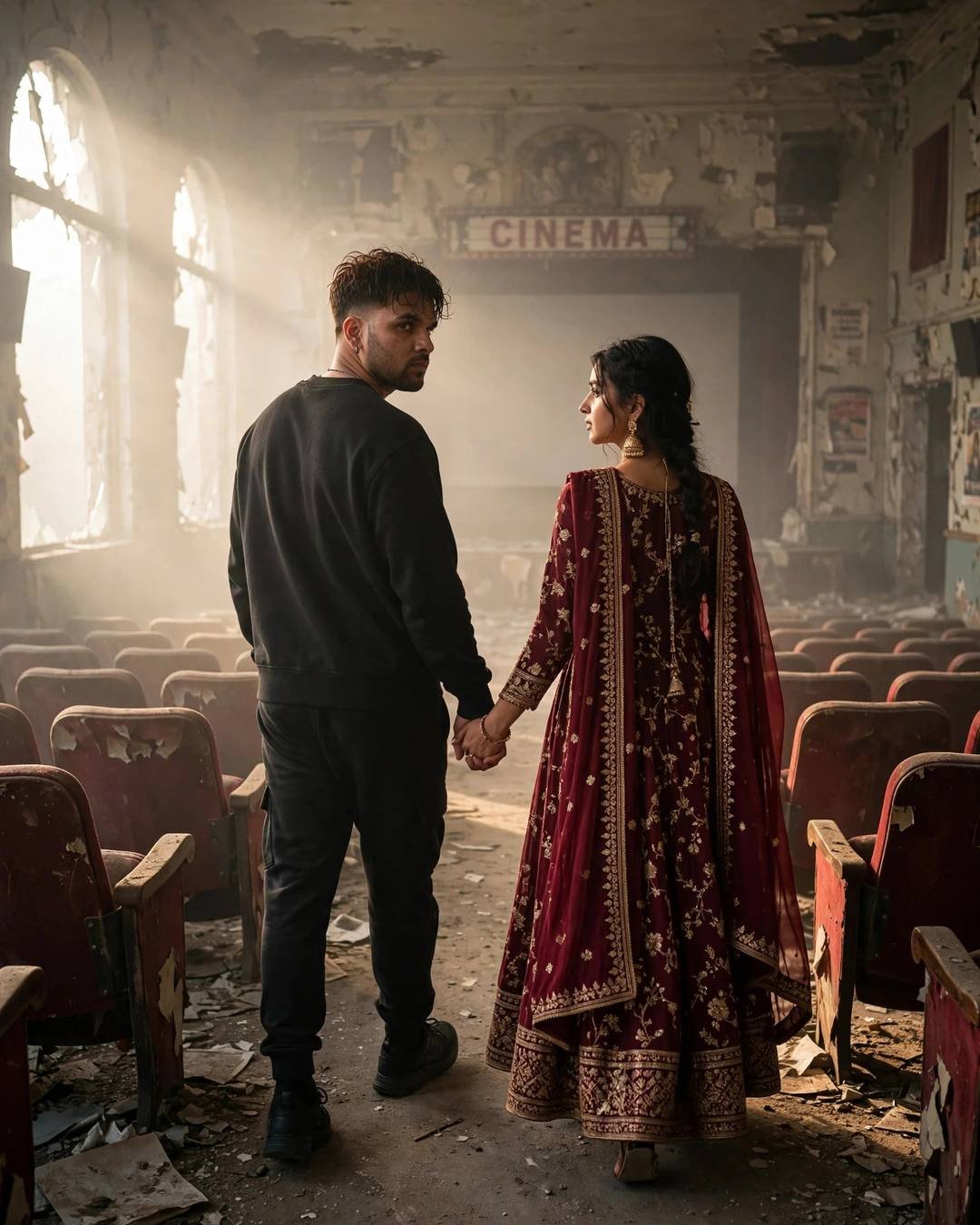 Couple walking hand in hand through an abandoned cinema at dawn
