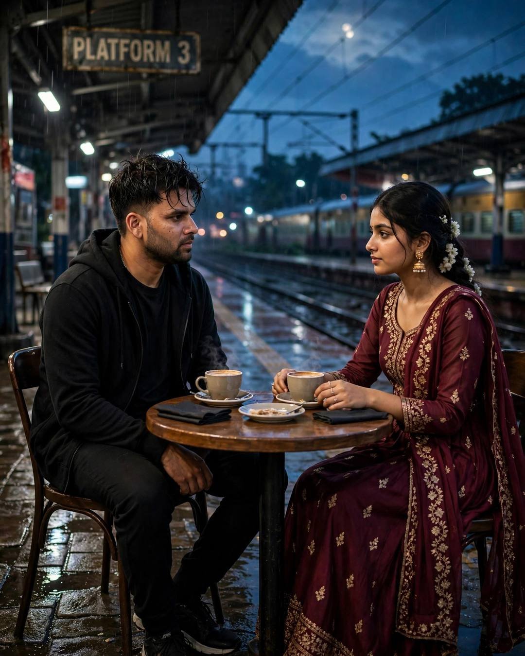 Couple sharing coffee at a cafe table on a rainy railway platform at night