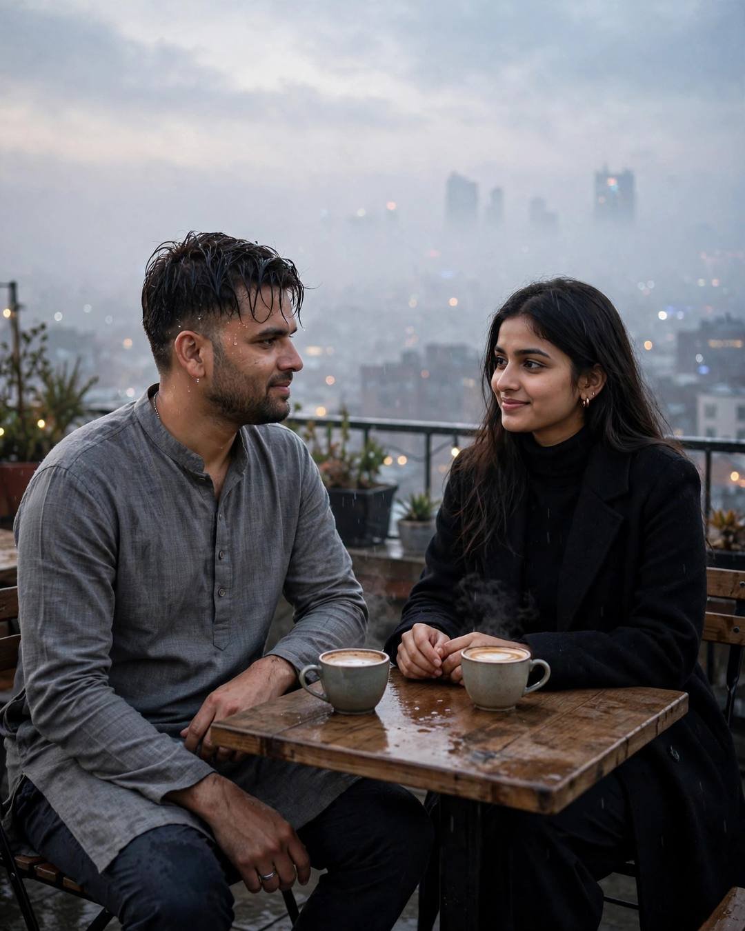 Smiling couple sharing coffee on a foggy rooftop above the city at night