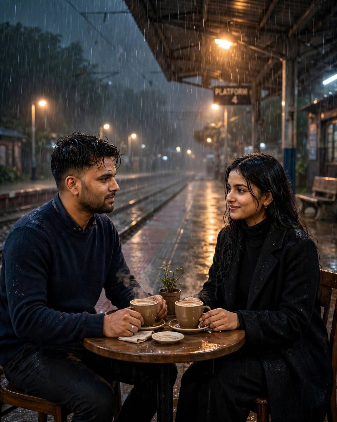 Couple sharing coffee under a platform awning in heavy monsoon rain