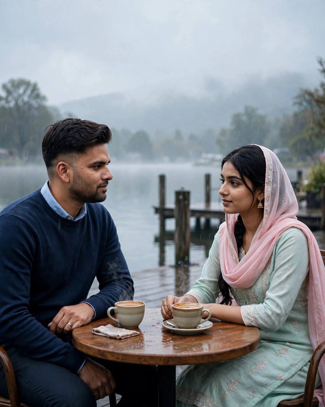 Couple sharing chai at a rainy lake pier cafe table at dawn