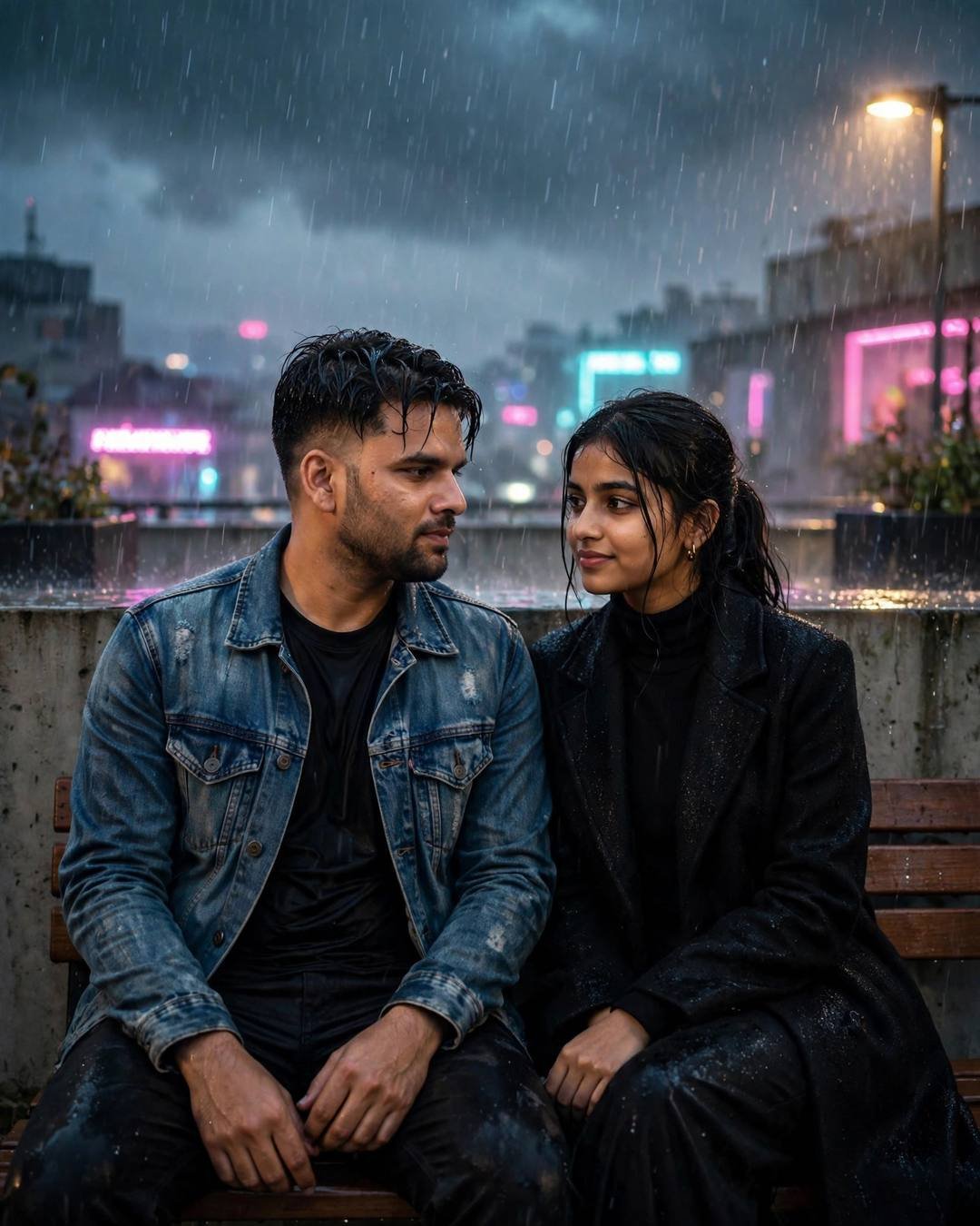 Rain-drenched couple sharing a tender glance on a park bench under neon city glow