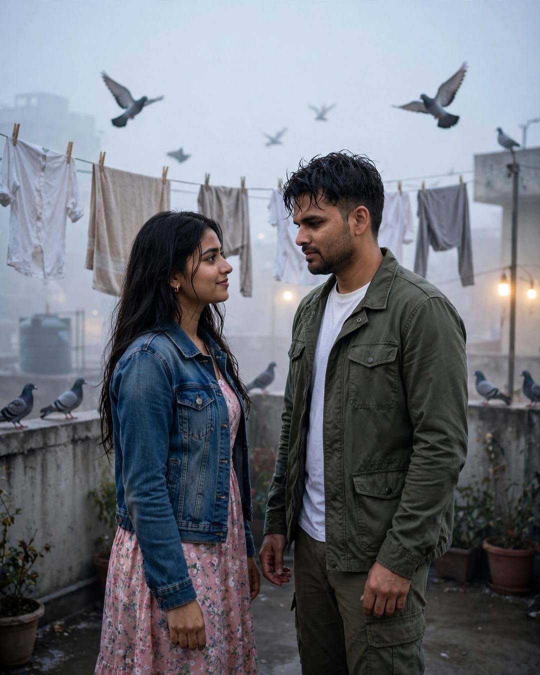 Couple exchanging an electric glance on a foggy rooftop terrace at midnight