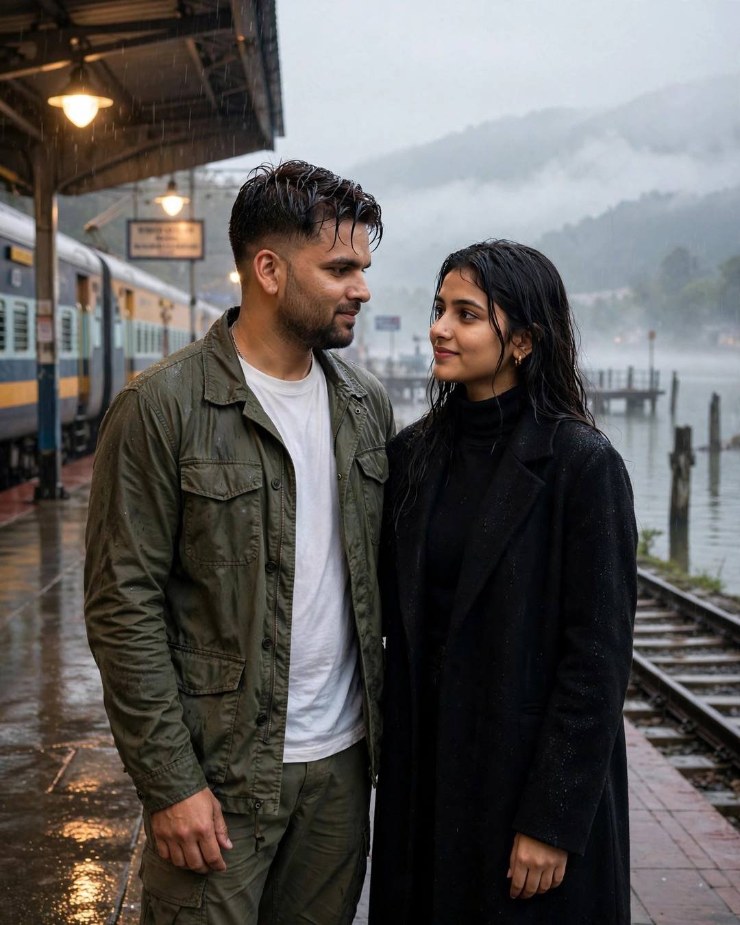 Couple sharing a hopeful glance on a rainy lakeside platform at dawn