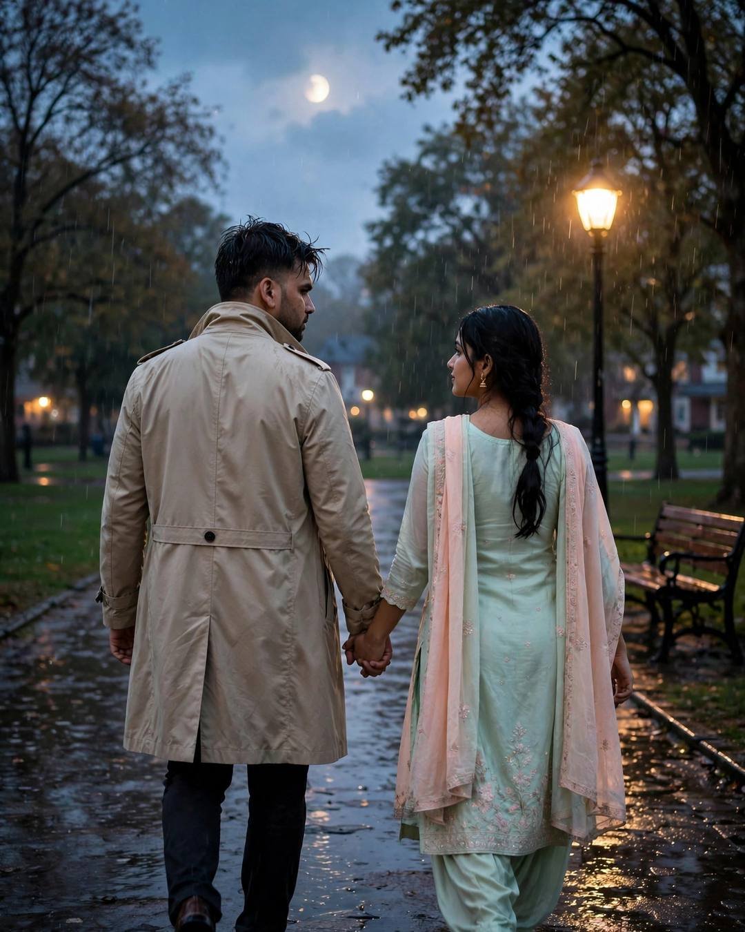 Couple walking hand in hand down a drizzly park path at golden hour
