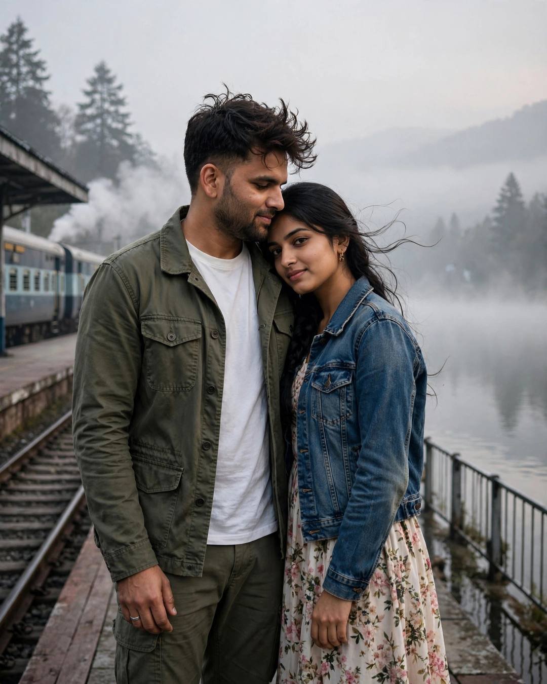 Couple embracing on a foggy hill-station platform at dawn