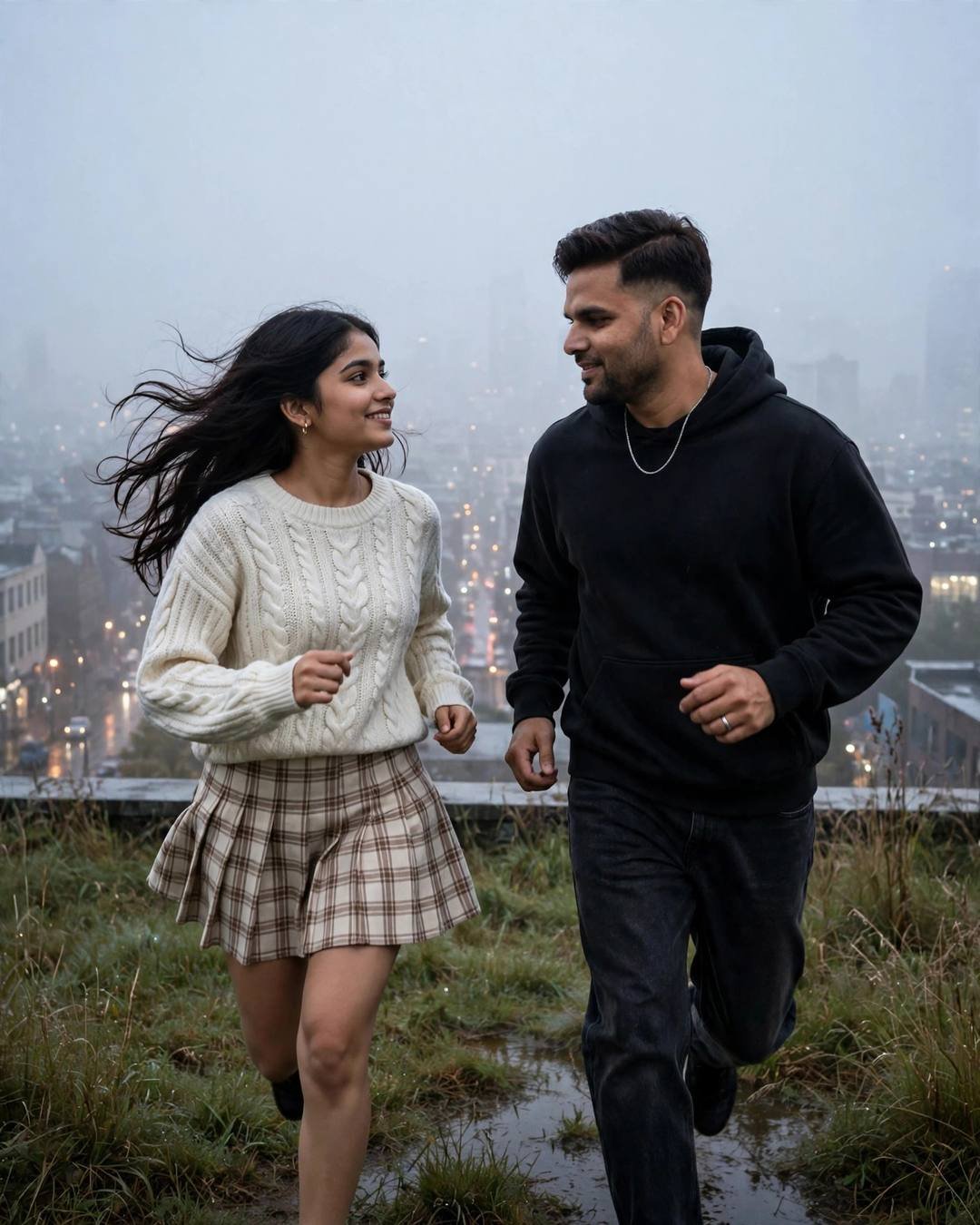 Couple running and laughing on a foggy rooftop above the city at night