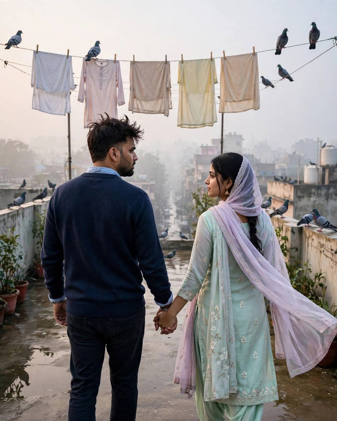 Couple walking hand in hand on a pigeon-filled terrace at dawn