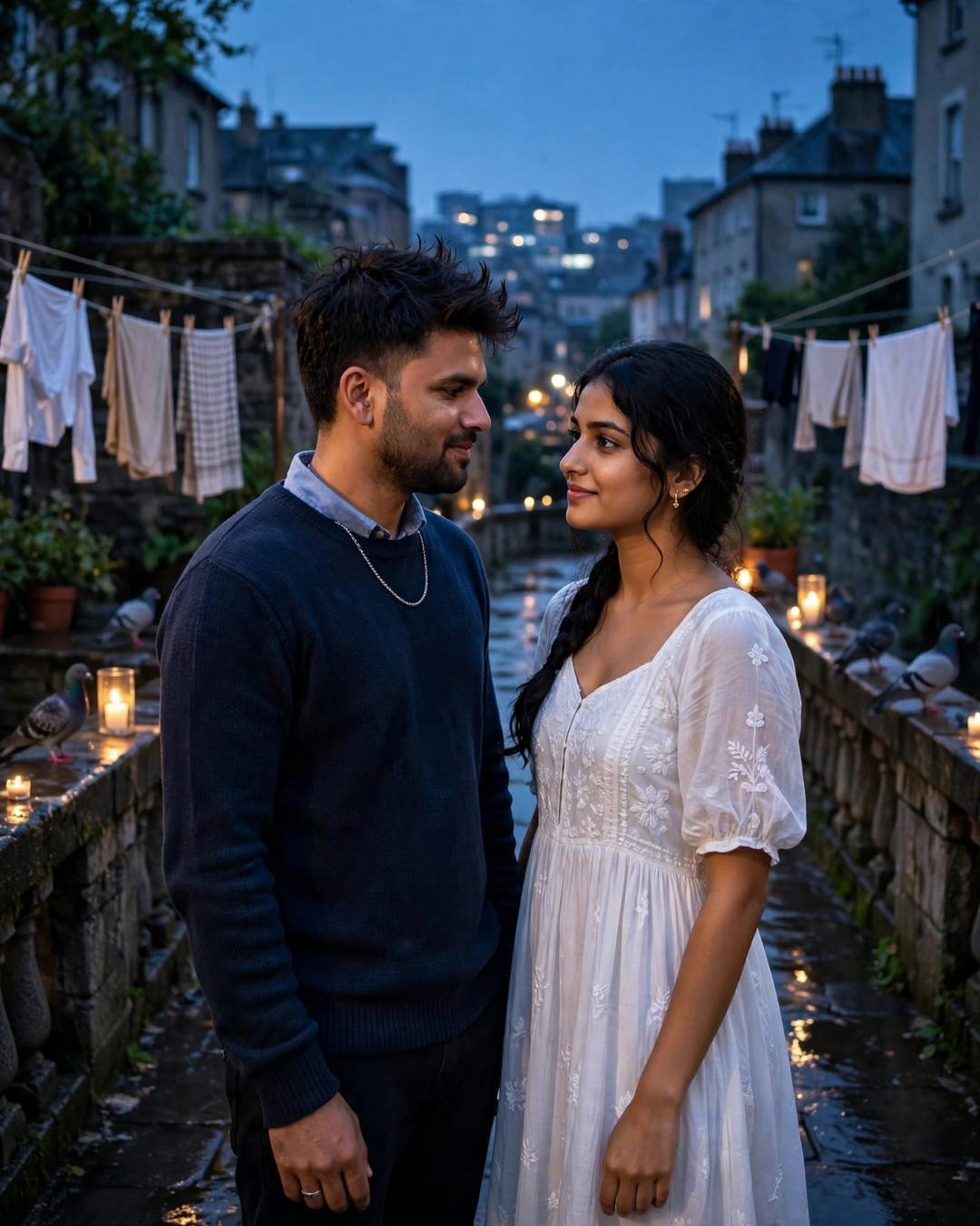 Couple gazing at each other on a candlelit bridge at blue hour