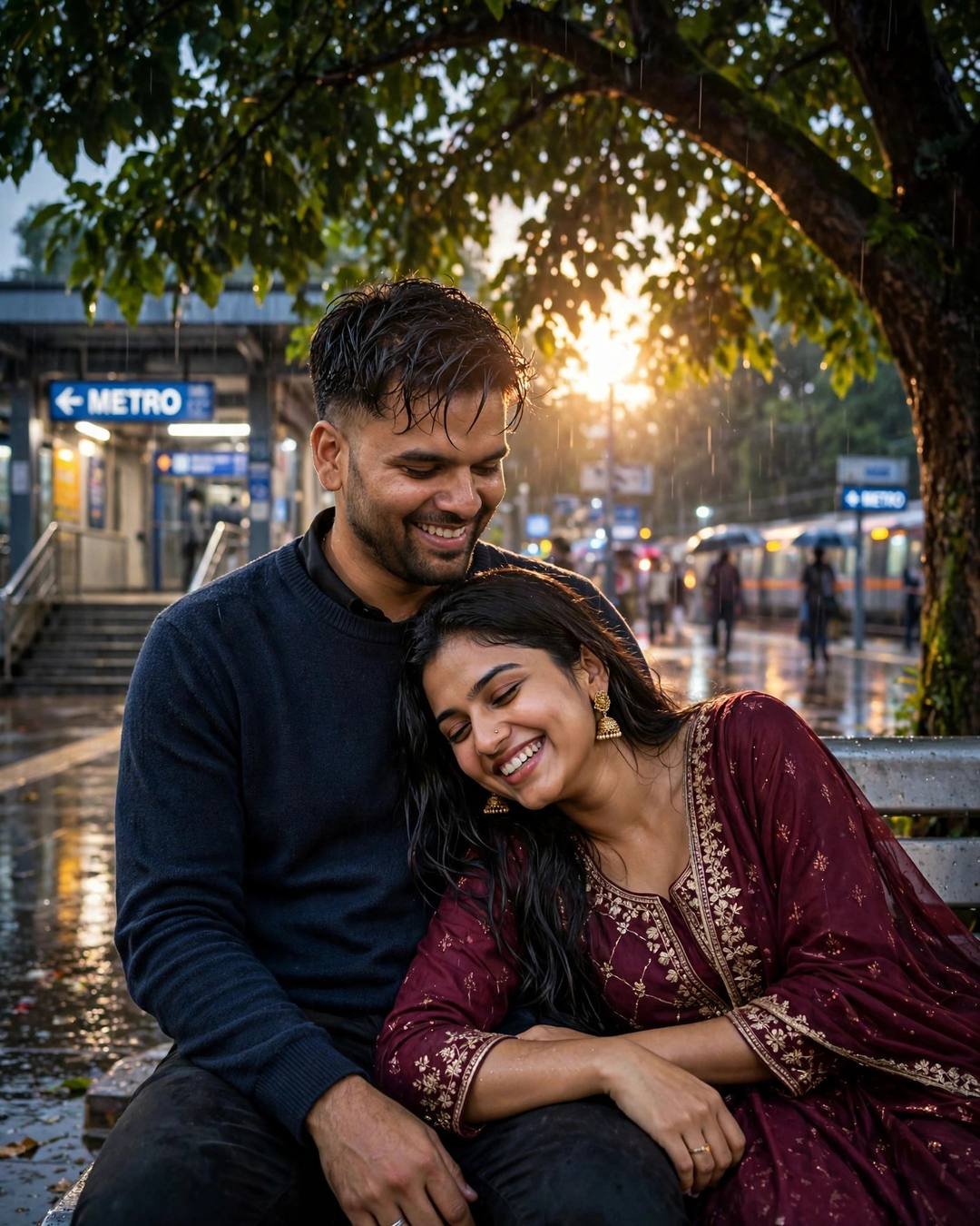 Laughing couple on a metro station bench under a tree at golden hour