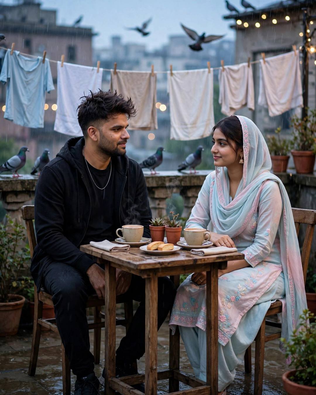 Couple sharing chai on a pigeon-filled rooftop terrace at blue hour