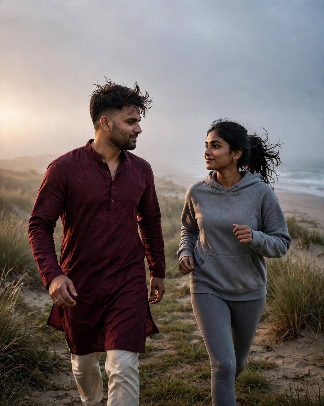 Couple running together along a beach dune path at dusk