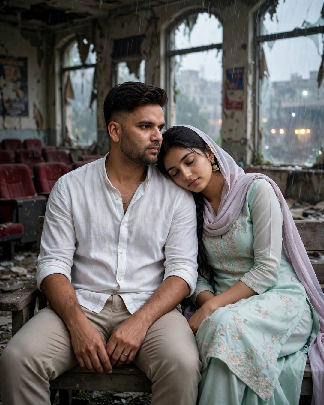 Couple sitting close on a bench in an abandoned rainy cinema, her head on his shoulder