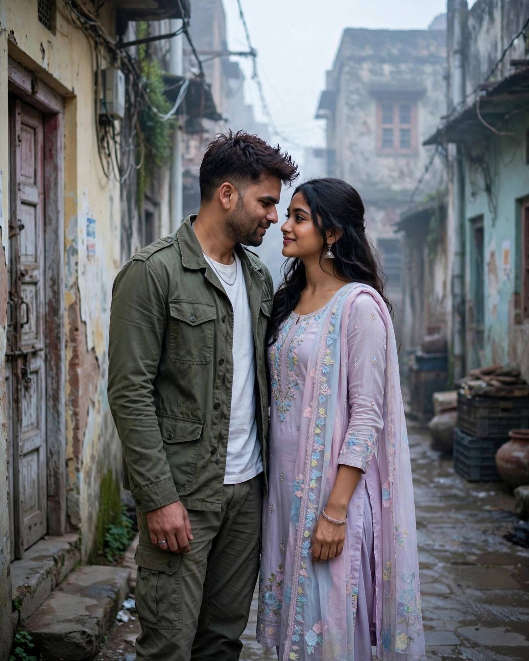 Couple face to face in a foggy old-city lane at dawn
