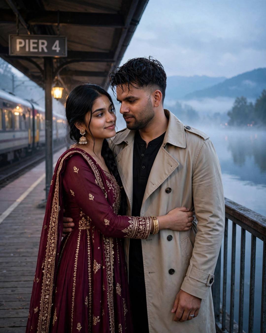 Young couple embracing on a railway platform at night, train waiting, lake glowing behind