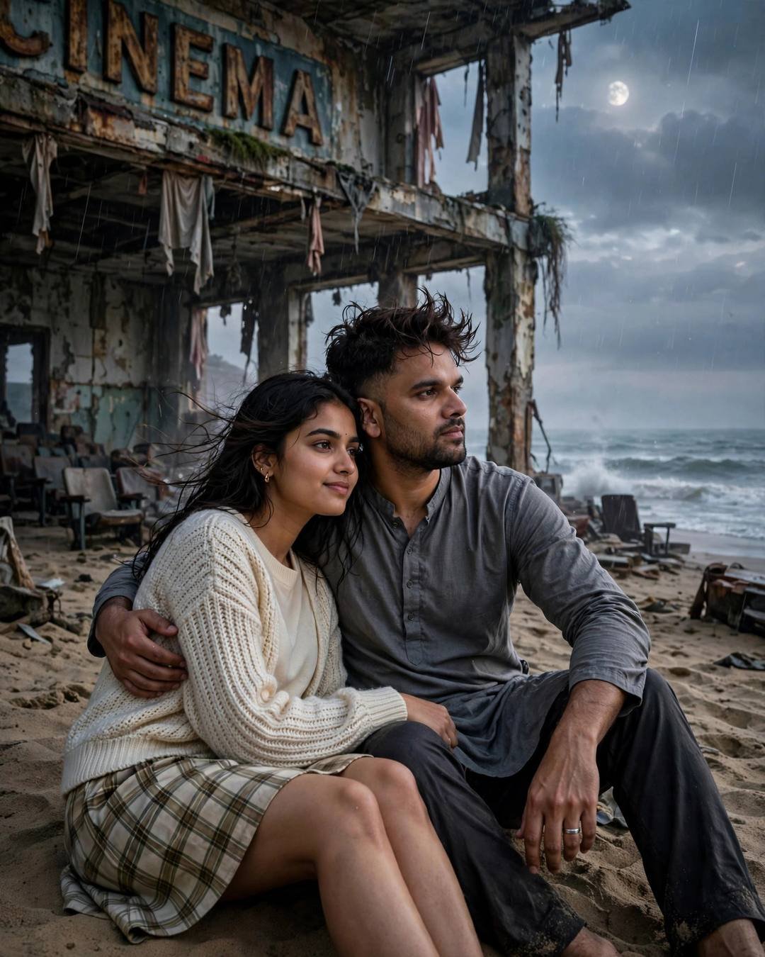 Young couple sitting on a moonlit beach before a ruined cinema, his arm around her