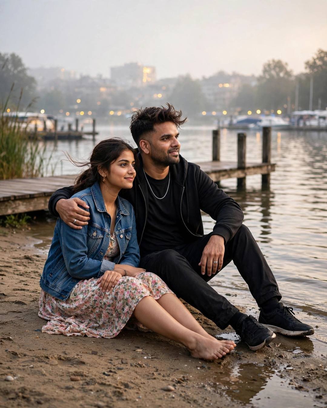 Young couple laughing at a lake's edge at golden hour, his arm around her