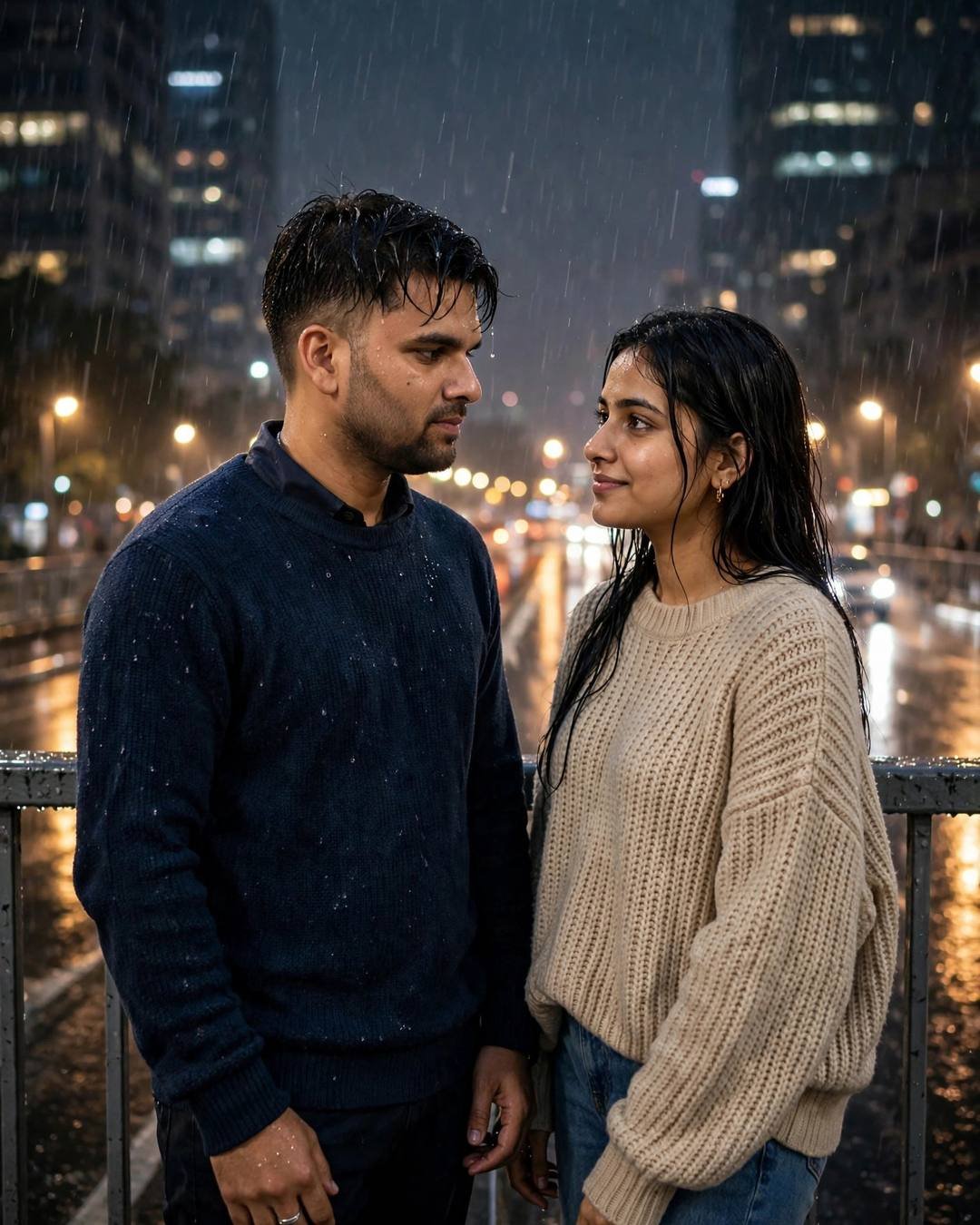 Young couple in sweaters facing each other on a rain-soaked bridge at midnight, city lights blurring