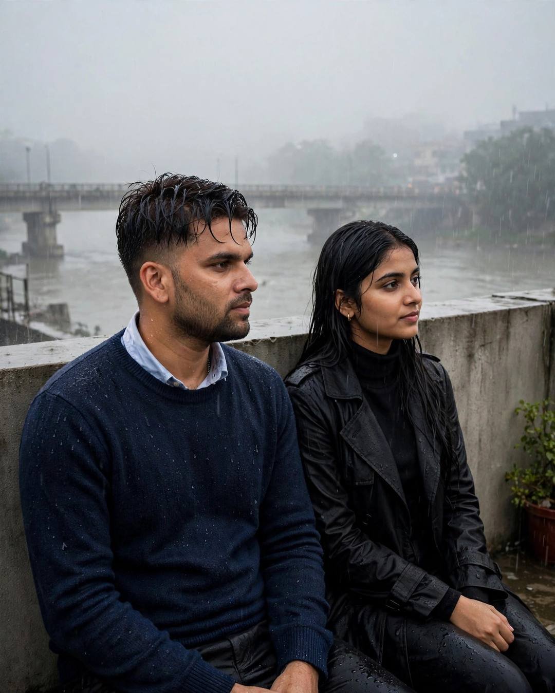 Young couple sitting on a bridge wall in heavy monsoon rain, sharing street food