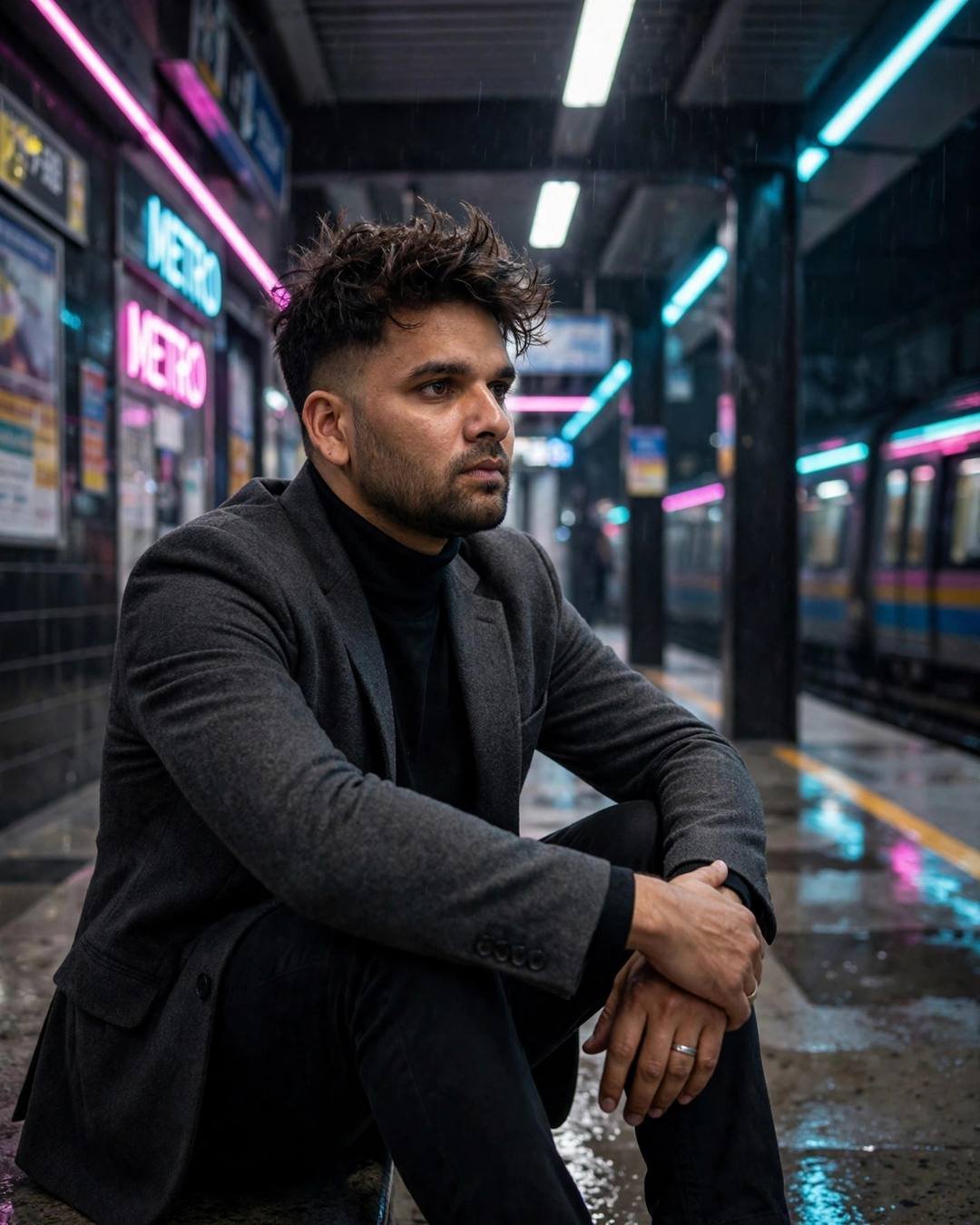 Photorealistic cinematic AI portrait of a young man in a charcoal blazer seated at a midnight metro station under neon light