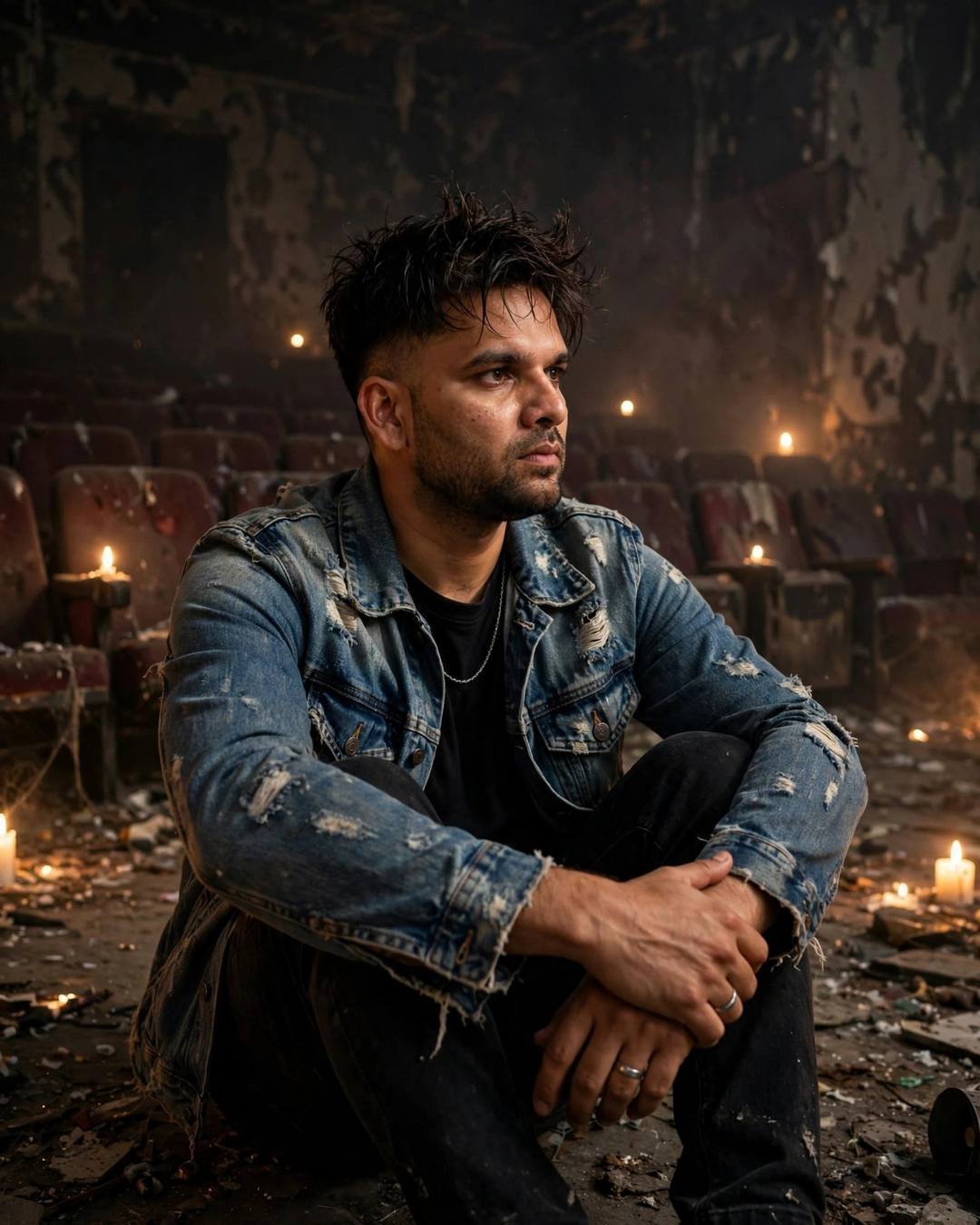 Photorealistic cinematic AI portrait of a young man in a denim jacket seated in a candlelit abandoned cinema hall