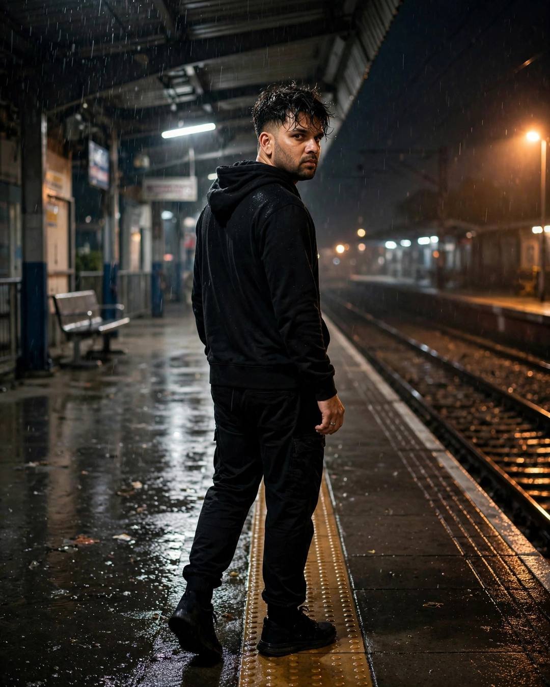 Photorealistic cinematic AI portrait of a young man in all-black streetwear on a rainy midnight railway platform