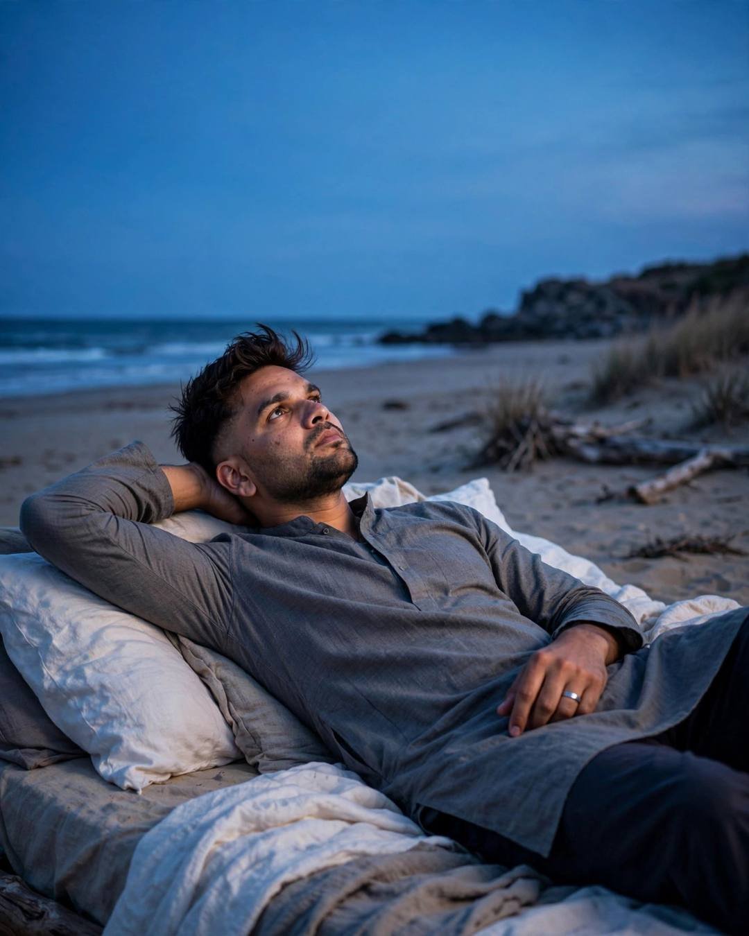 Photorealistic cinematic AI portrait of a young man in a grey kurta reclined on a bed at a beach at dusk