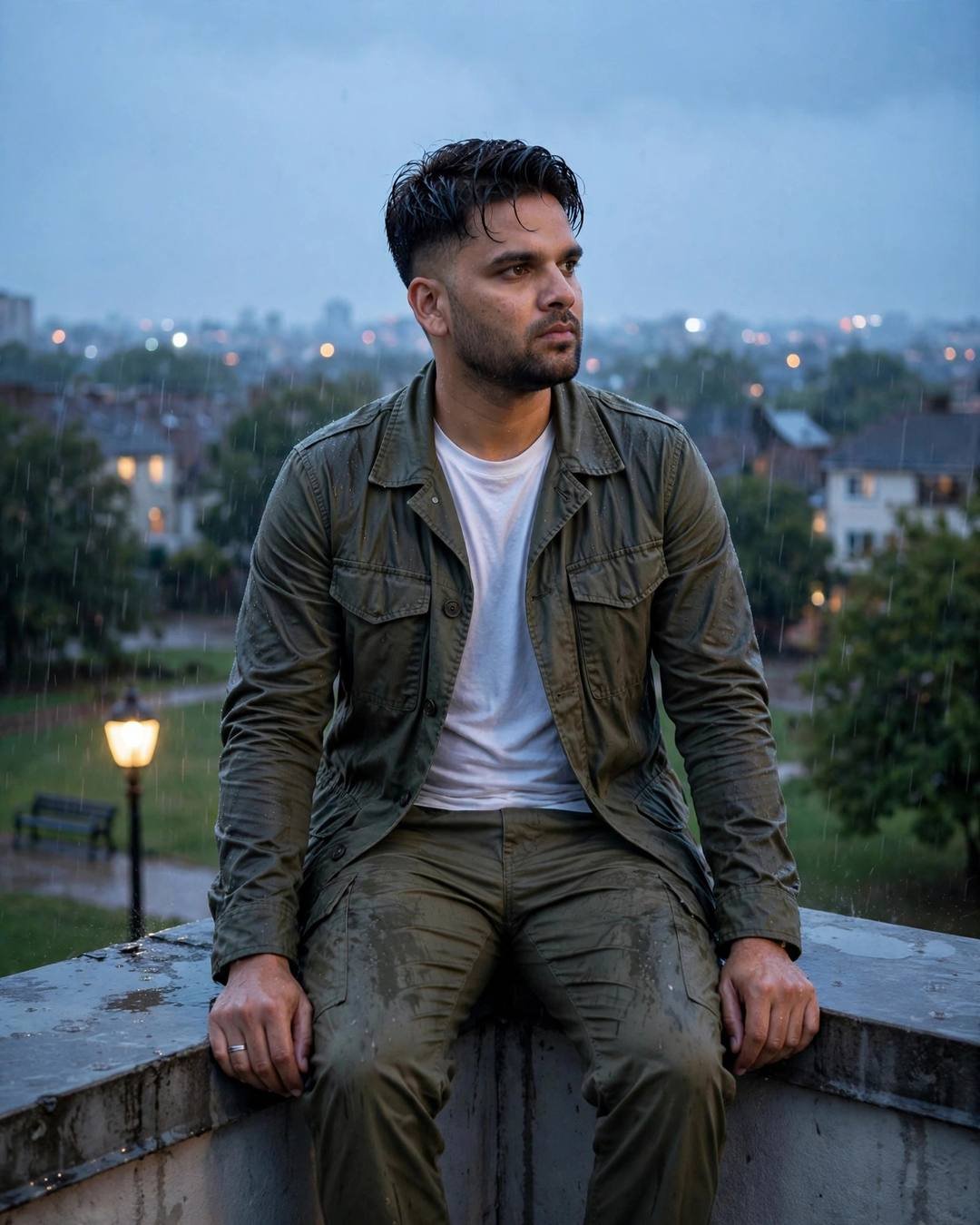 Photorealistic cinematic AI portrait of a young man in an olive field jacket sitting on a rainy rooftop ledge at dusk