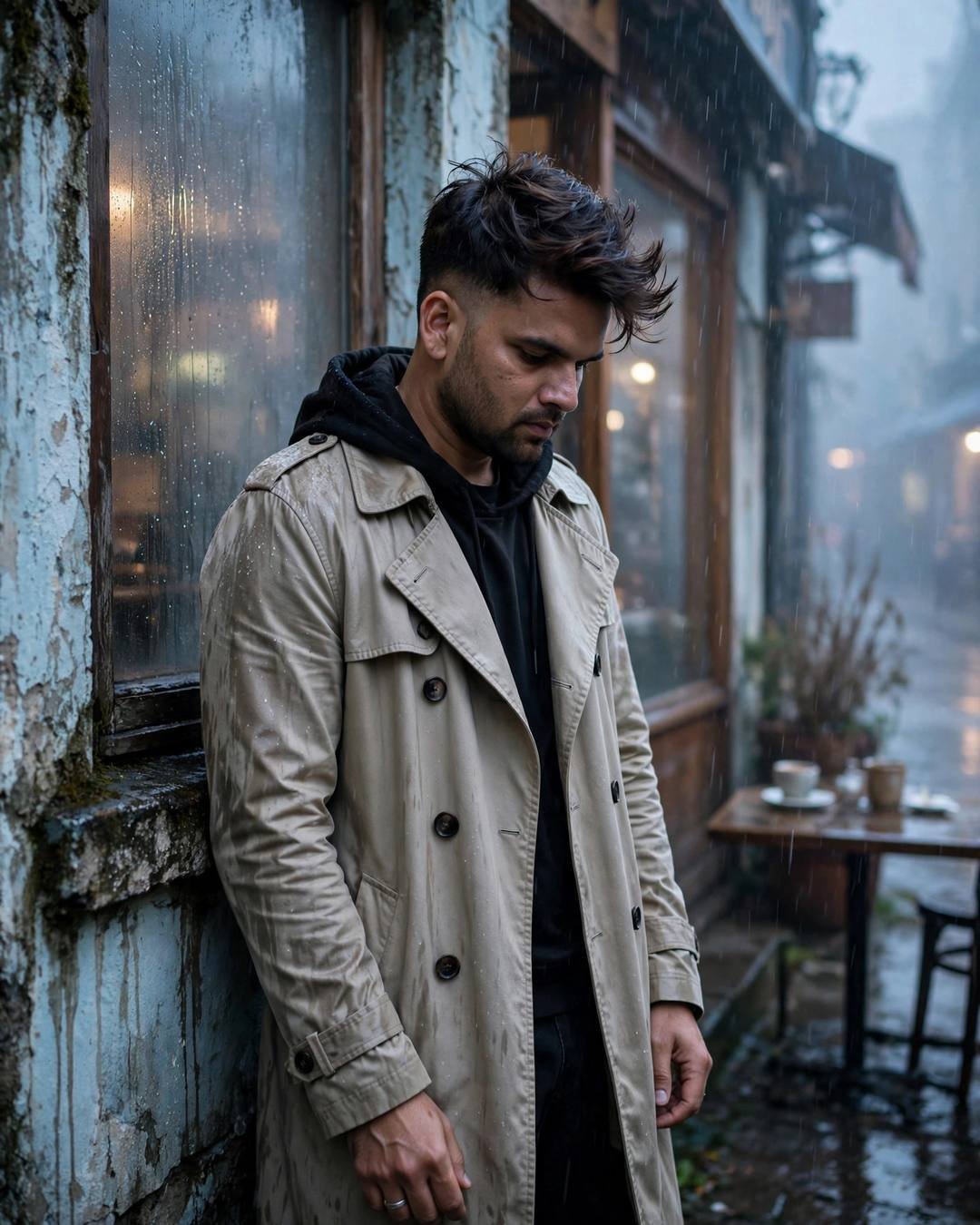 Young Indian man in beige trench coat leaning against a weathered cafe wall in light rain at blue hour