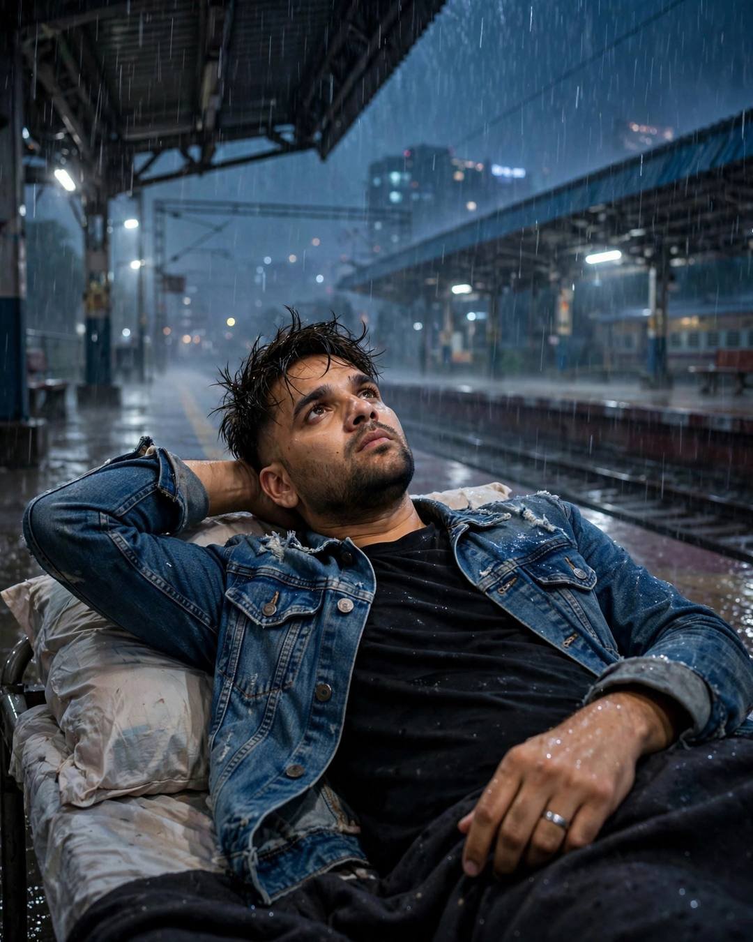 Young Indian man in denim jacket reclining on a railway platform bench in heavy rain at night