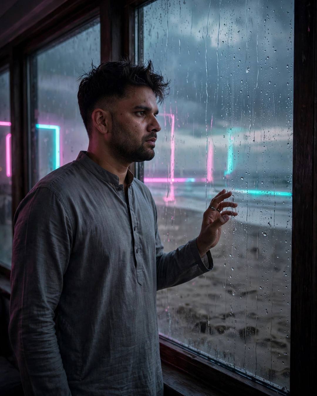 Young Indian man in grey kurta at a rain-streaked window, neon signs glowing over a deserted beach at dusk