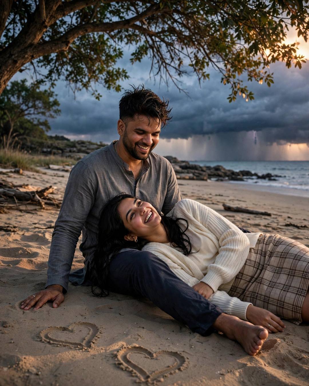 Young couple laughing on a deserted beach at dusk, her head in his lap, storm clouds over the sea