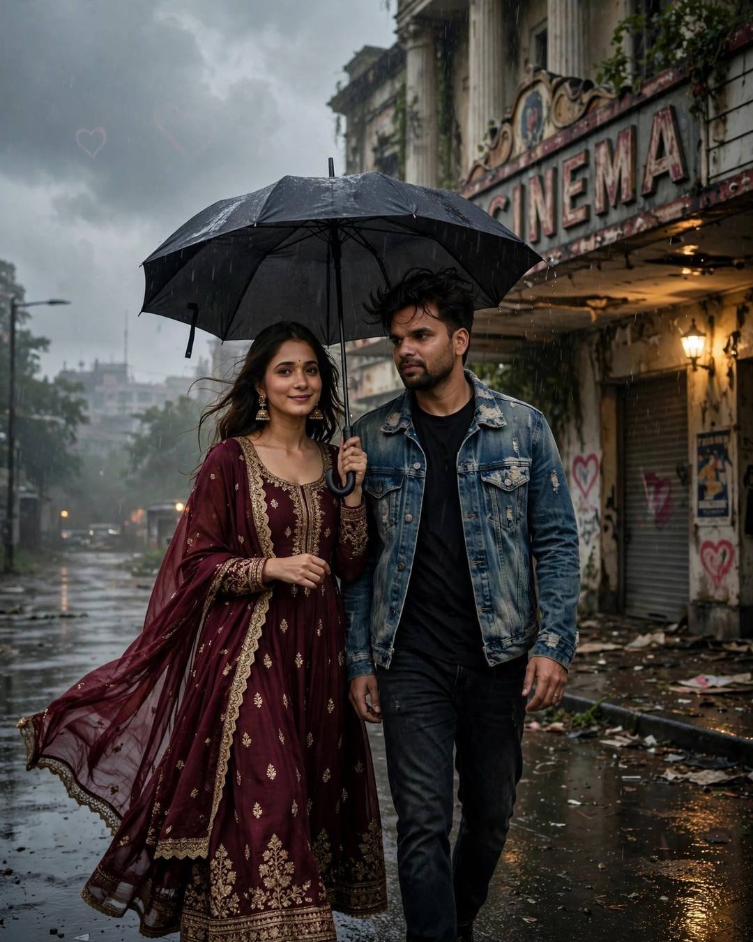 Young couple sharing one umbrella past an abandoned cinema in the rain