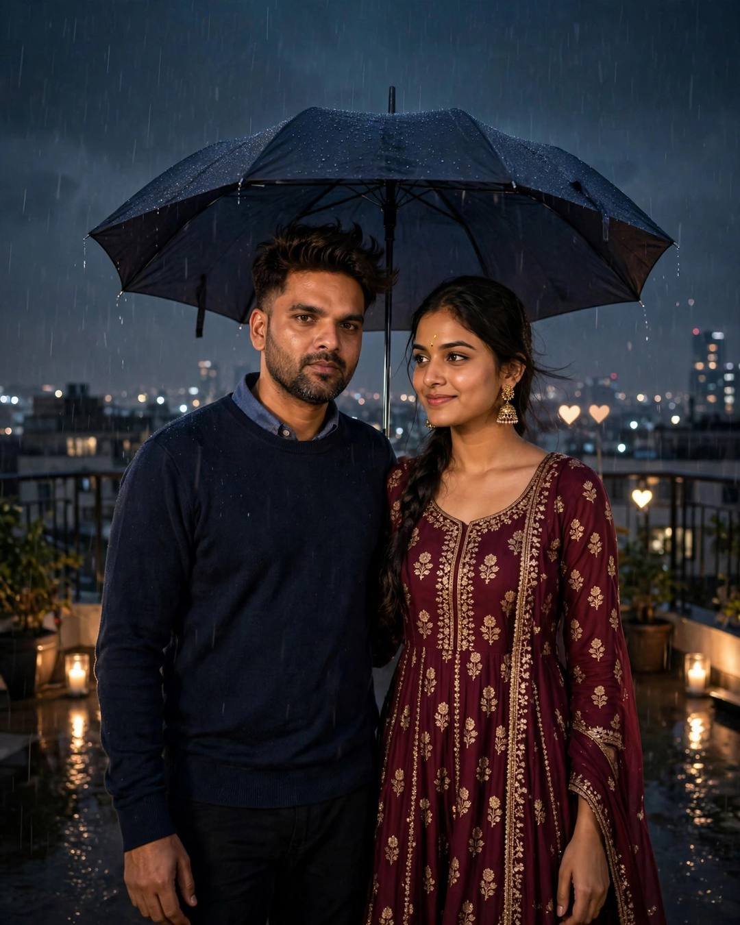 Young couple under one umbrella on a candlelit rooftop at midnight, city lights behind