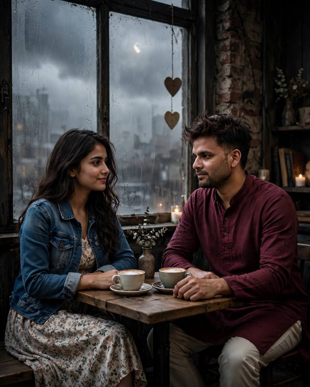 Young couple across a small cafe table, hands almost touching over two coffee cups, rain on the windows