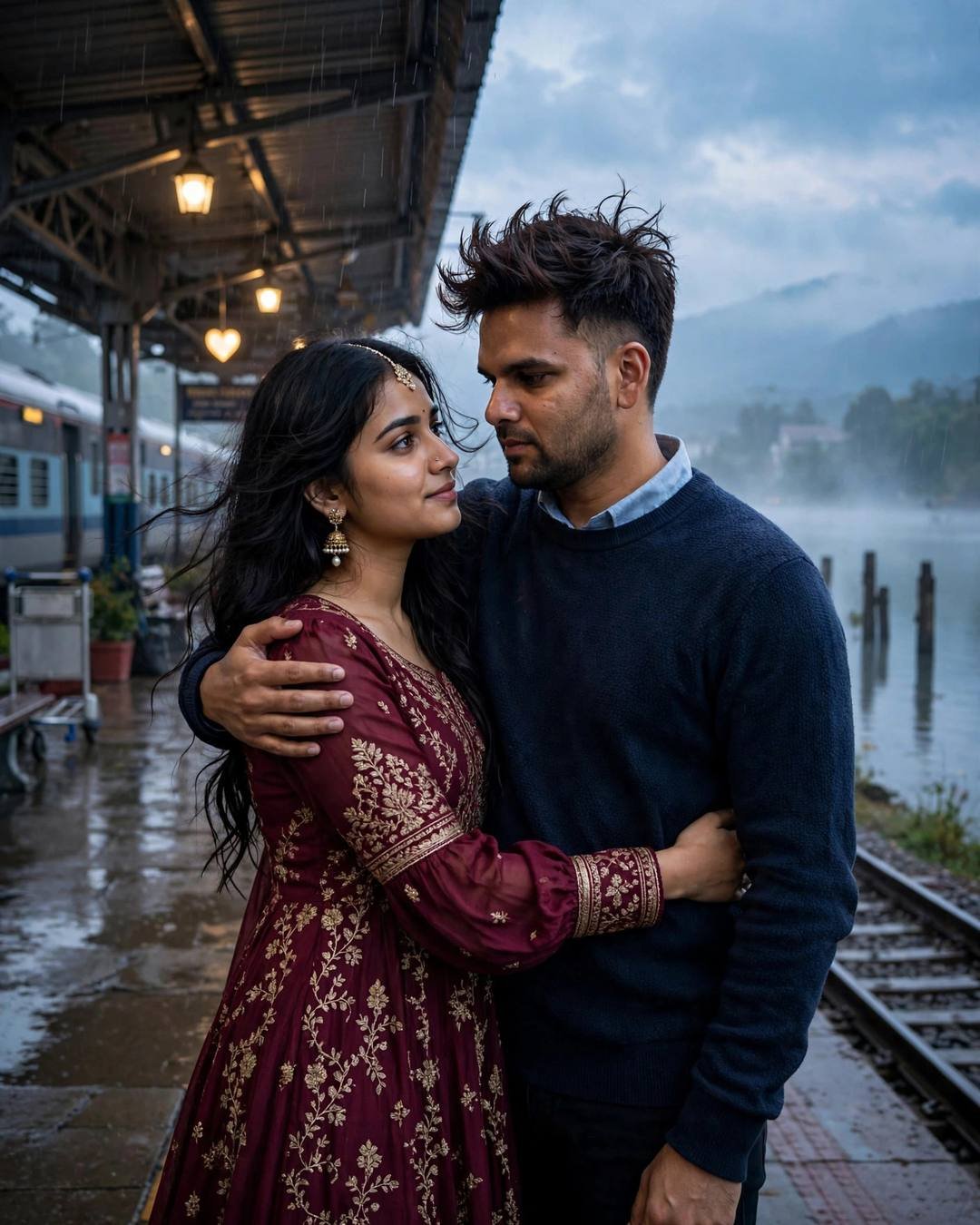 Young couple embracing on a rainy railway platform at dawn, train waiting behind them