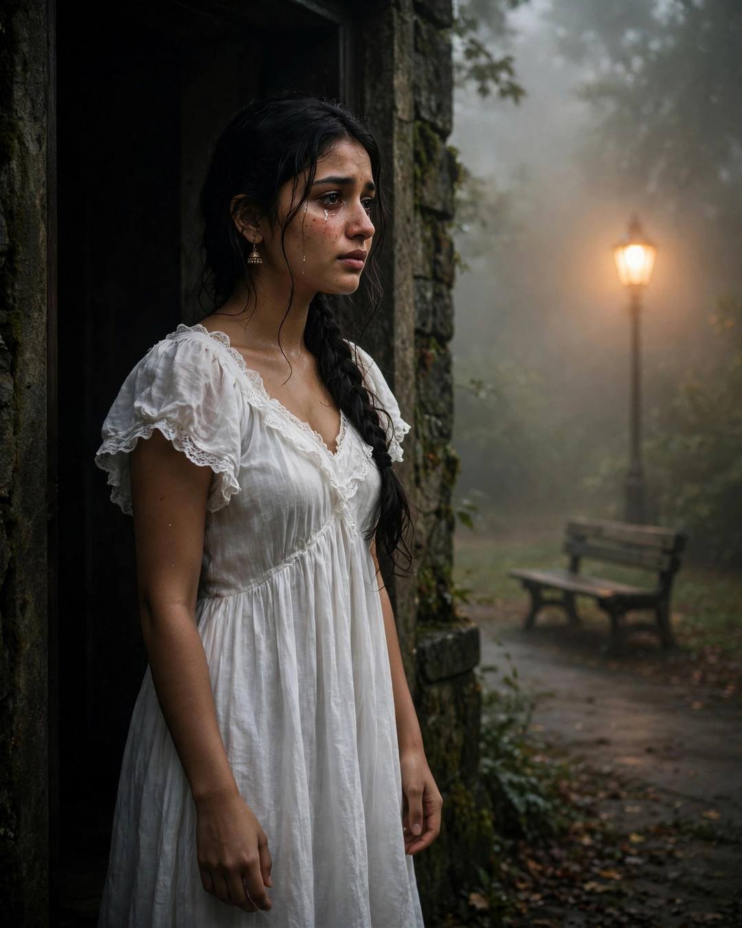 Young Indian woman in white dress standing in a foggy park doorway with a tear on her cheek